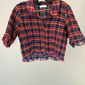 Ulla Johnson Size 6 Smocked Plaid button-down crop top